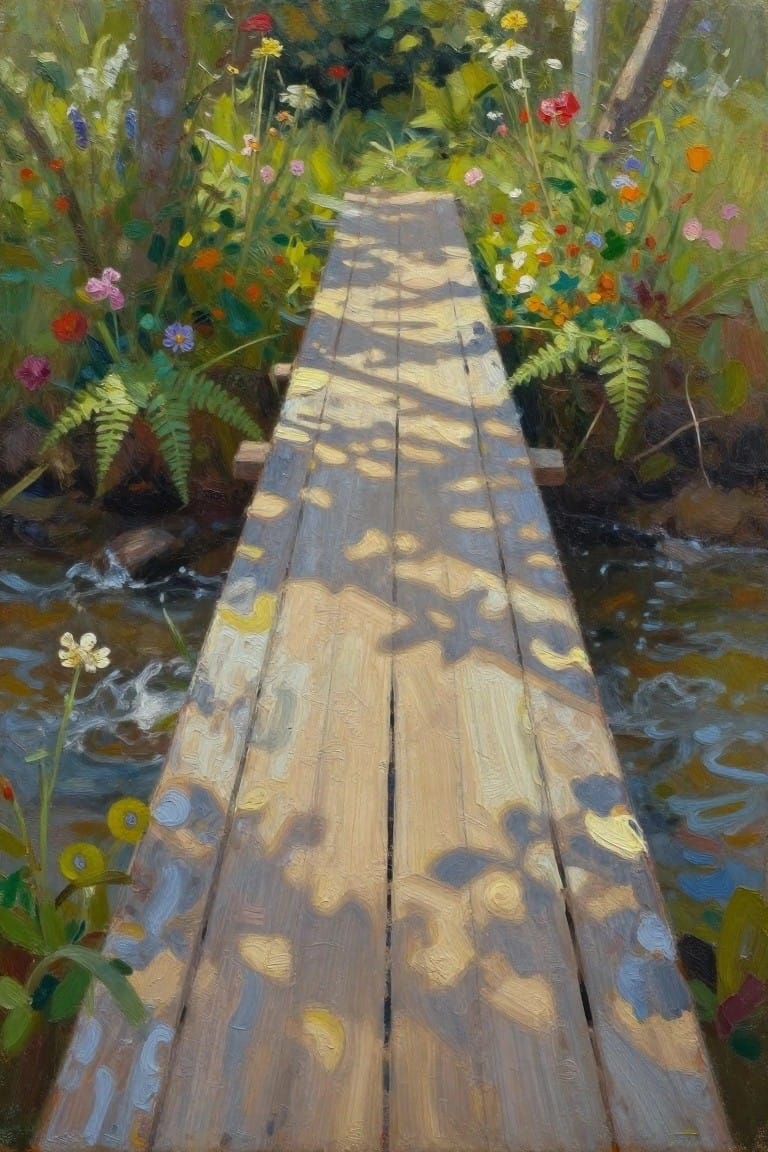 An oil painting of a wooden bridge over a stream with colorful wildflowers on both sides and sunlight casting shadows on the planks.