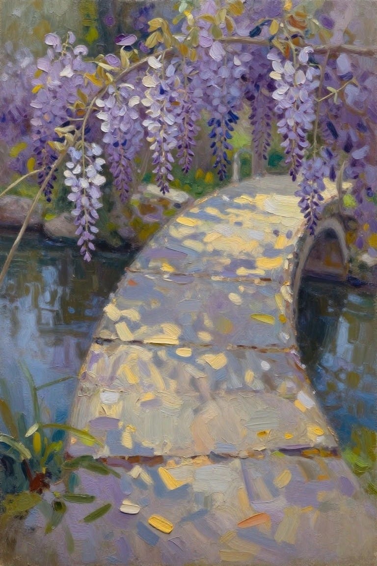 An oil painting of a curved stone bridge over water with purple wisteria hanging overhead and sunlight patches on the path.