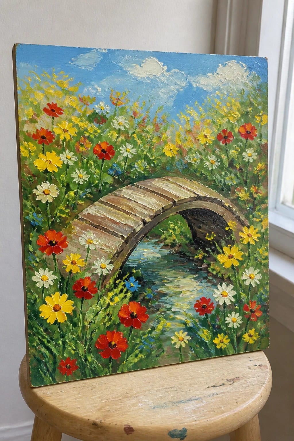 Vibrant oil painting of arched wooden bridge over stream amid colorful wildflowers on stool