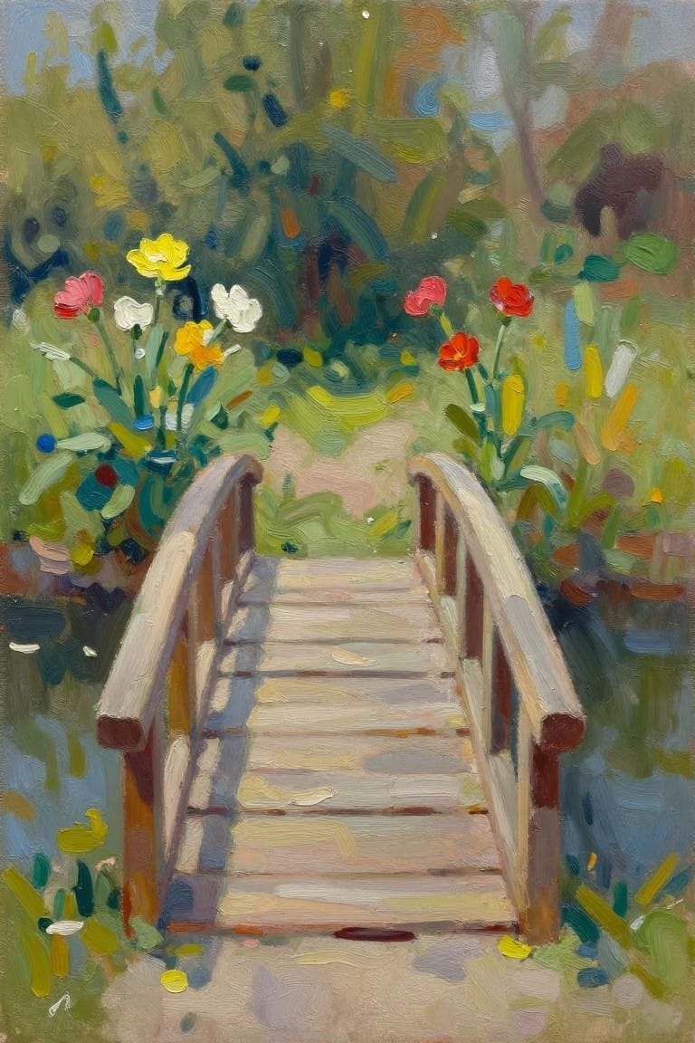 Wooden bridge amid vibrant flowers and lush green foliage in colorful painting