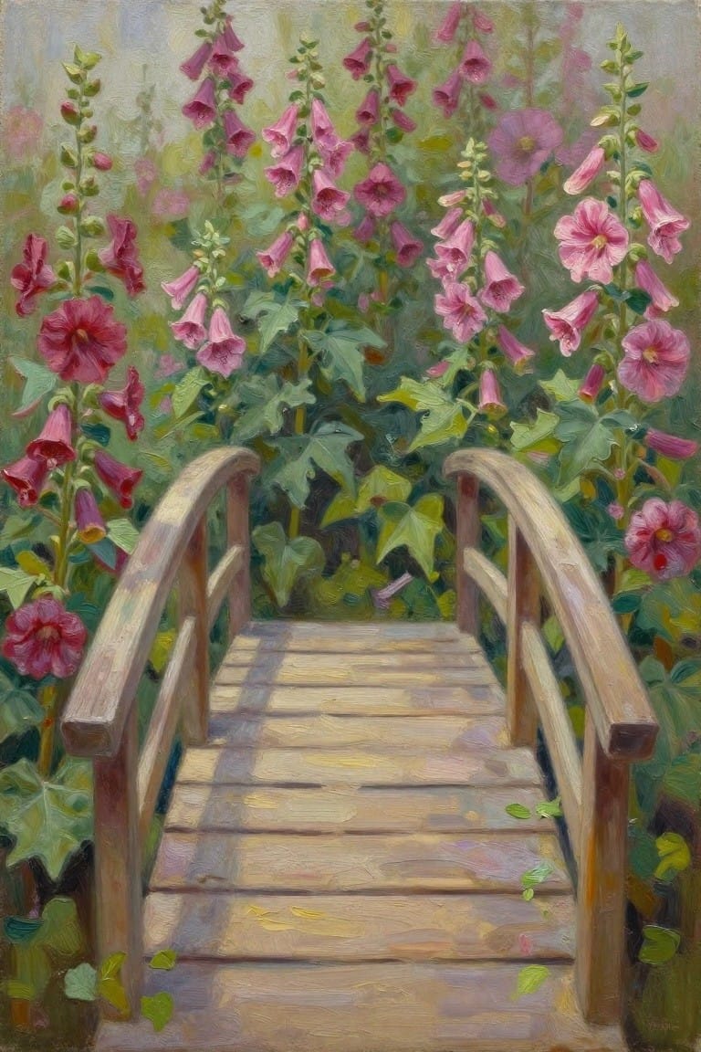 Wooden footbridge amid tall pink hollyhocks in sunlit garden painting.