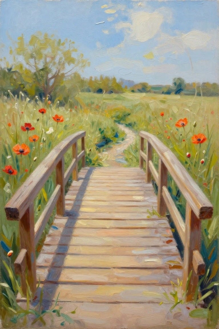 Wooden bridge over poppy-lined path in sunlit green meadow under blue sky