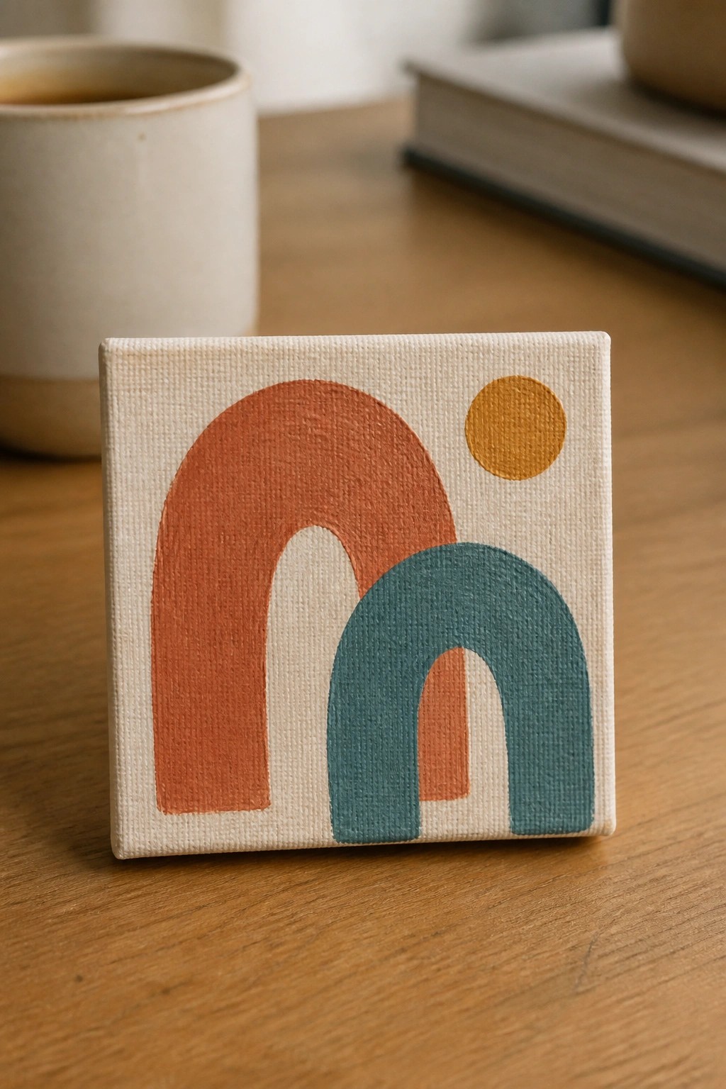 Abstract canvas with orange arch, teal curve, and yellow circle on wood table