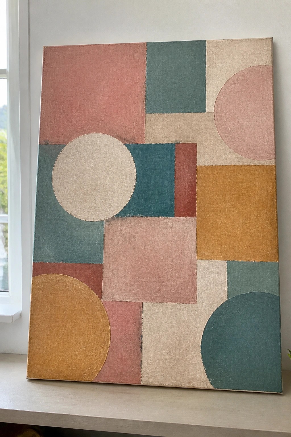 Abstract painting of overlapping circles and rectangles in muted pink, teal, and orange tones.