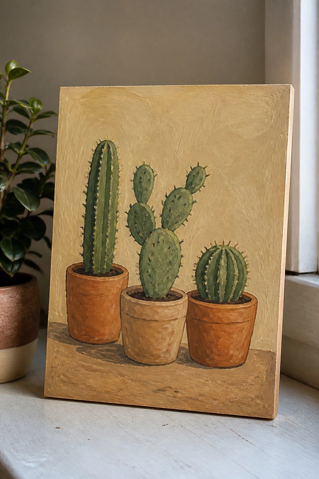 Painting of three potted cacti on wooden ledge against beige background