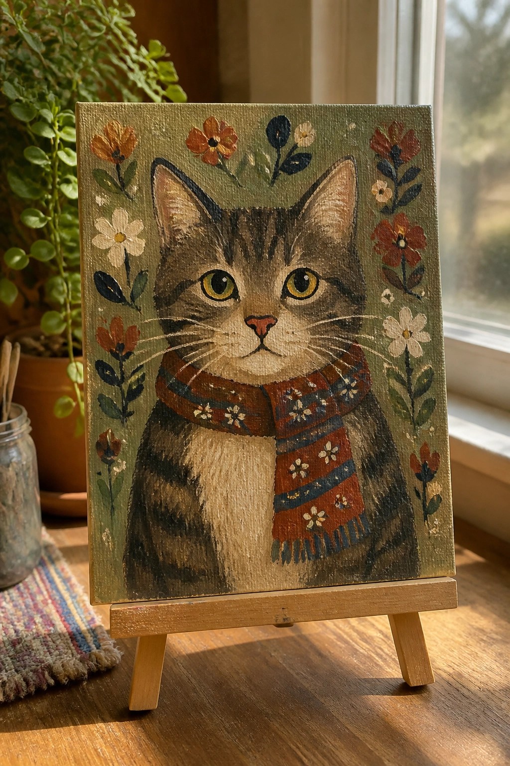 Tabby cat painting wearing red patterned scarf amid flowers on green background, on wooden easel.