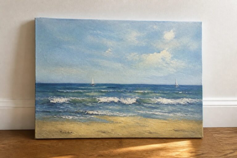 25 Beautiful Oil Painting Wall Decor Ideas for Living Rooms and Gallery Walls Realistic painting of beach with waves, sand, two sailboats on blue ocean under cloudy sky