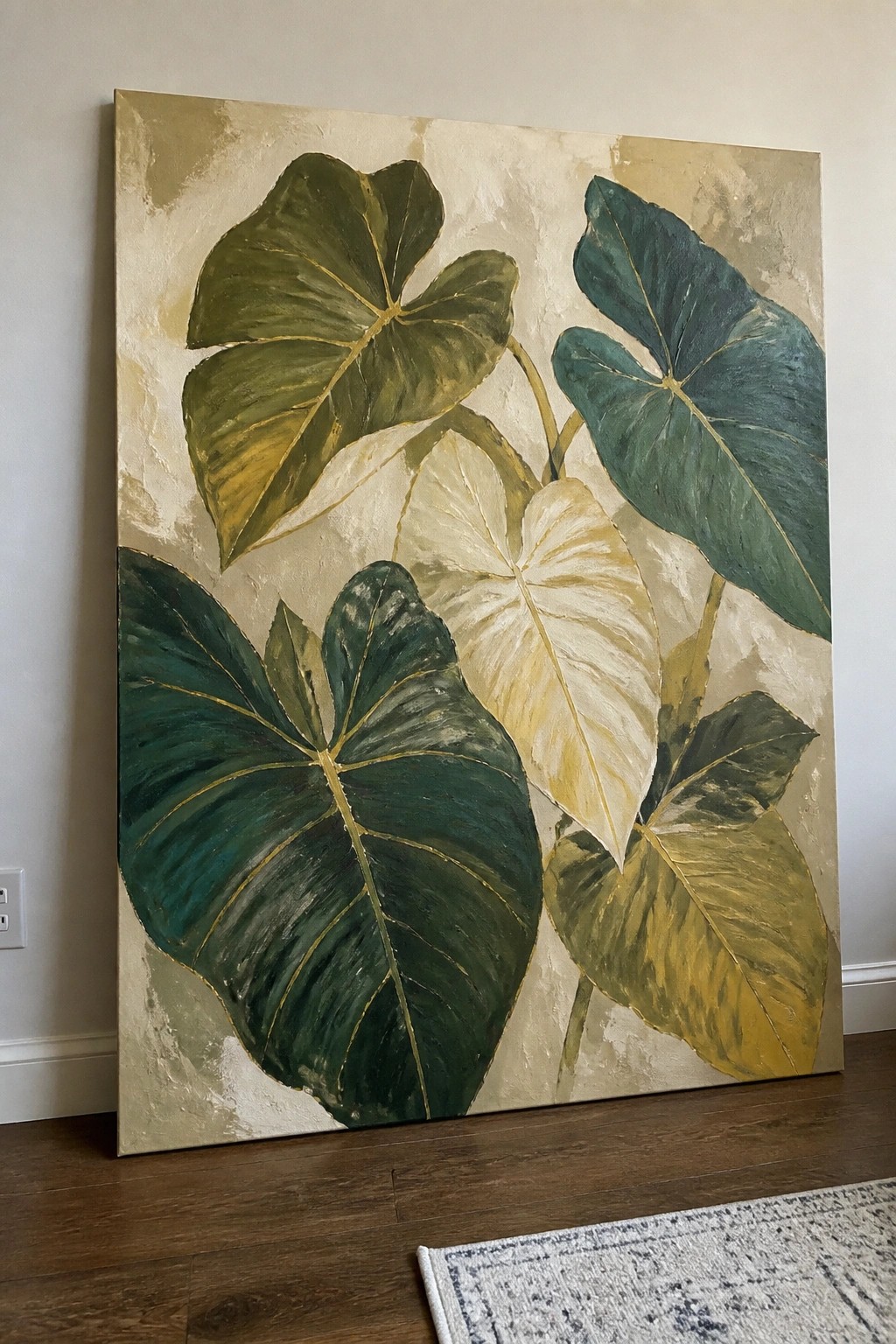 A large oil painting of overlapping tropical leaves in green, teal, and cream tones with gold veins on a textured beige background.