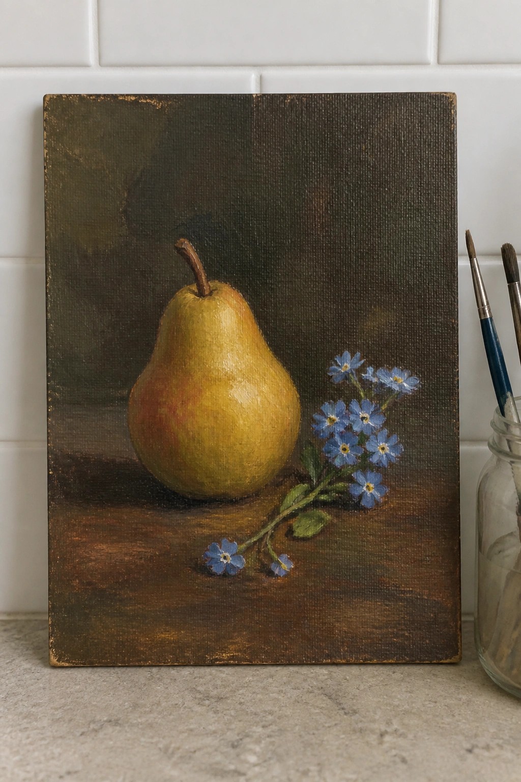 Still life painting of yellow pear with blue flowers on dark background beside brushes