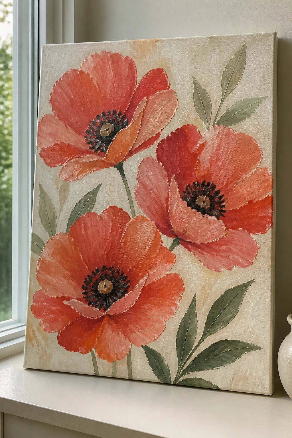 A canvas painting of three red poppy flowers with dark centers and green leaves on a light background, placed on a windowsill.