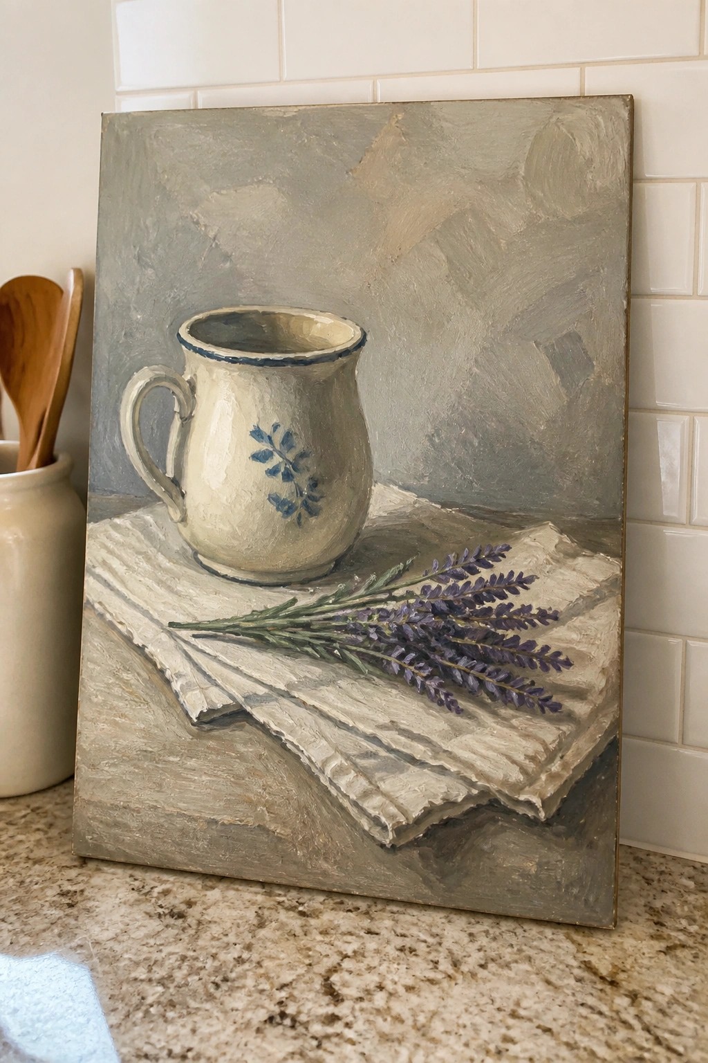 A realistic oil painting of a white ceramic mug with blue floral design resting on a folded white cloth next to a sprig of lavender against a gray textured background.
