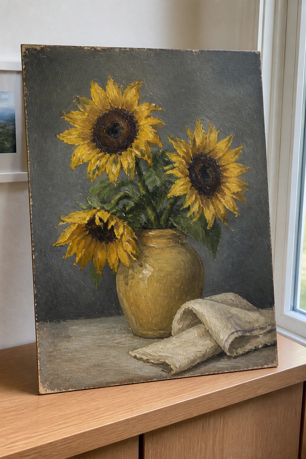 Three sunflowers in a yellow vase with crumpled cloth on wooden surface