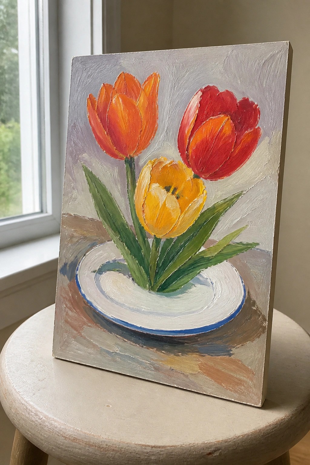Still life painting of red, orange, and yellow tulips in a white bowl on stool
