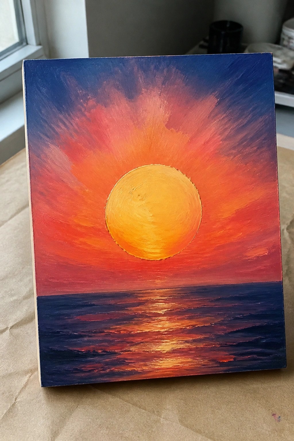Colorful painting of yellow sun over red-orange sky and reflective dark blue ocean.