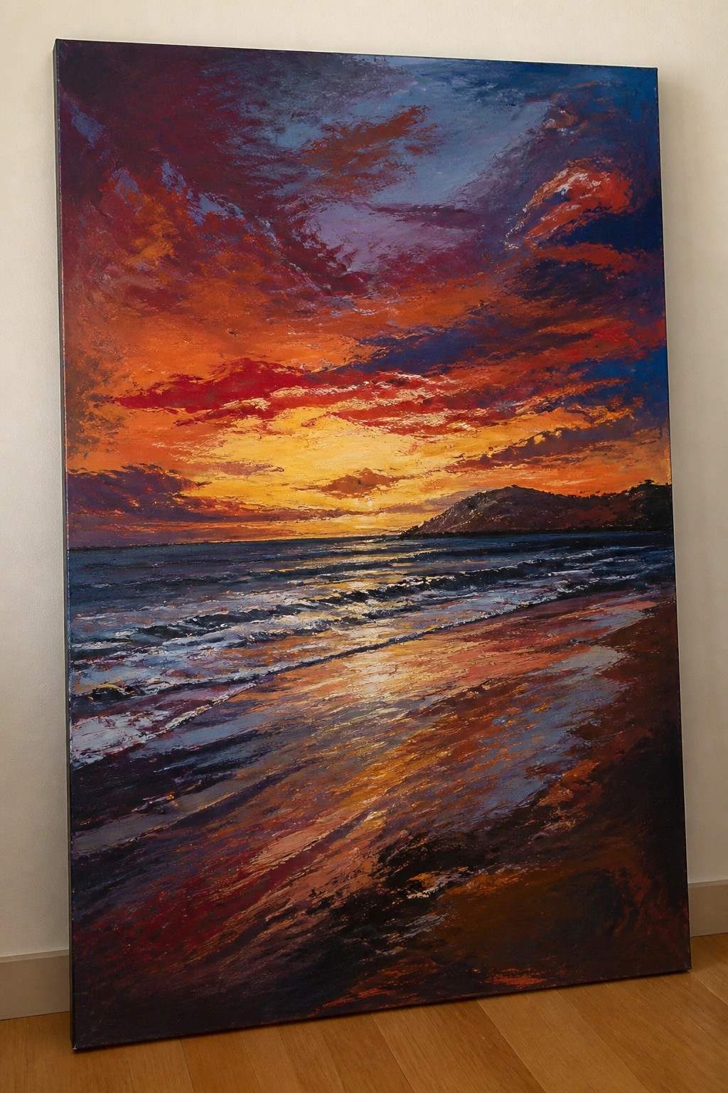 Vibrant oil painting of fiery sunset over crashing ocean waves on a dark beach.