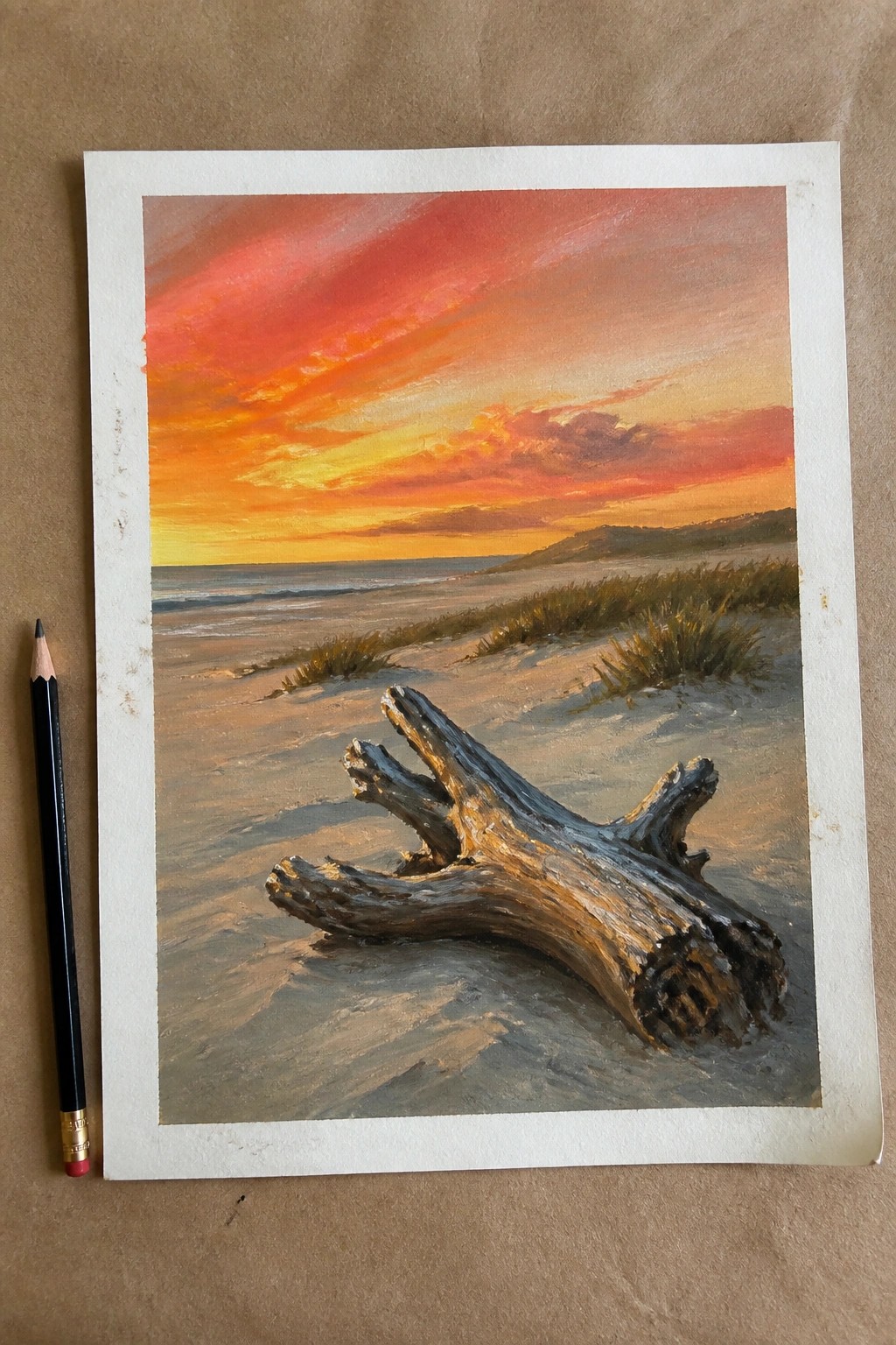 Driftwood on sandy beach at vibrant orange-red sunset, ocean waves, painting beside pencil.