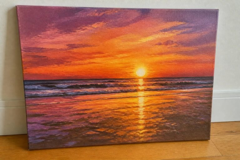 25 Bold Beach Sunset Painting Ideas That Highlight Dramatic Evening Light Vibrant sunset painting with purple-orange sky, glowing sun, and reflective ocean waves on wet sand.