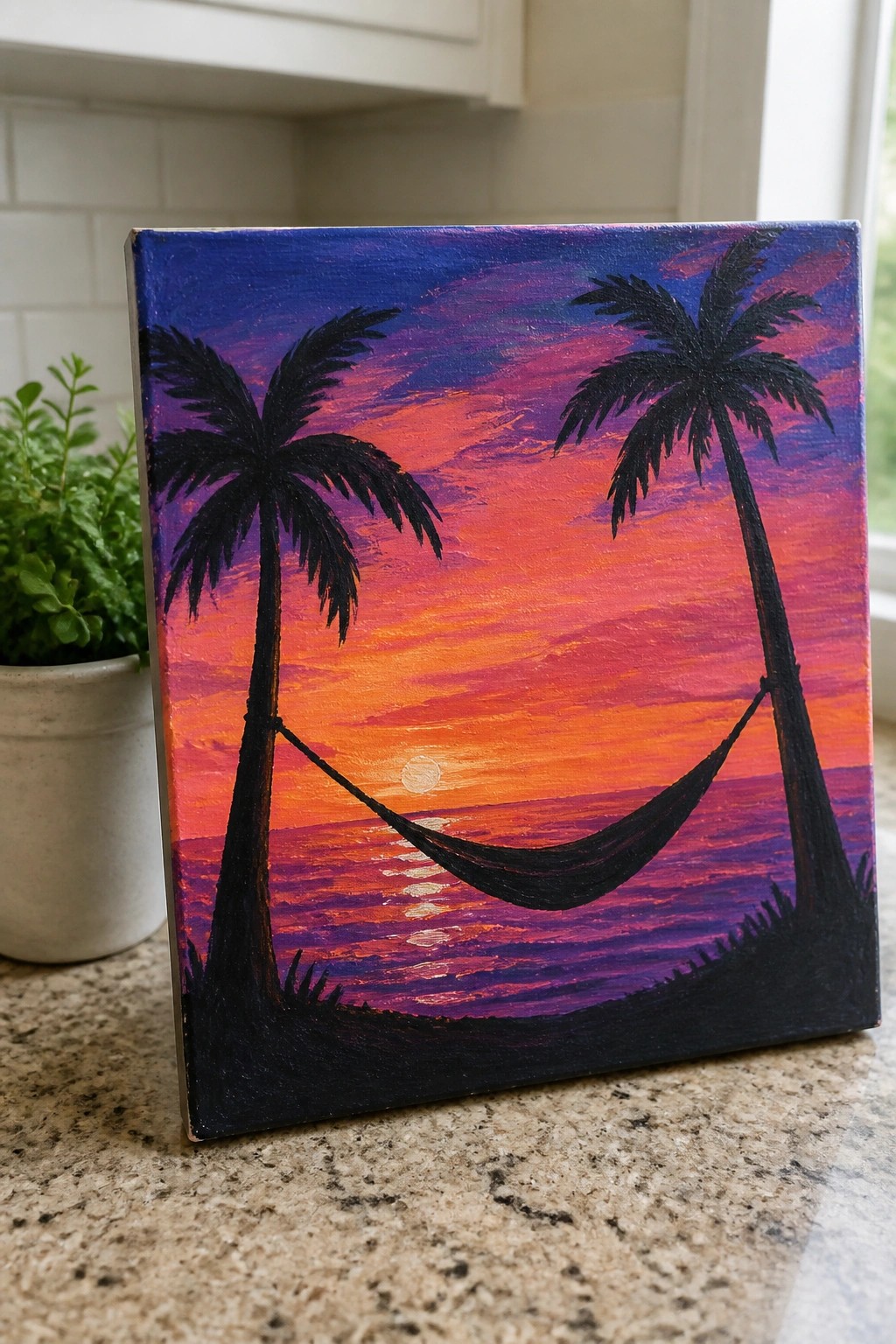 Vibrant sunset painting with silhouetted palm trees, hammock, and ocean reflections.