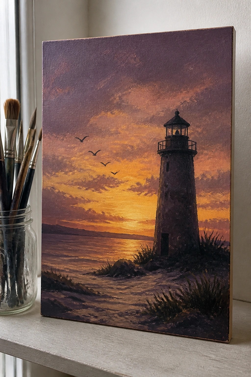 Canvas painting of lighthouse at sunset with birds over ocean beside paintbrushes