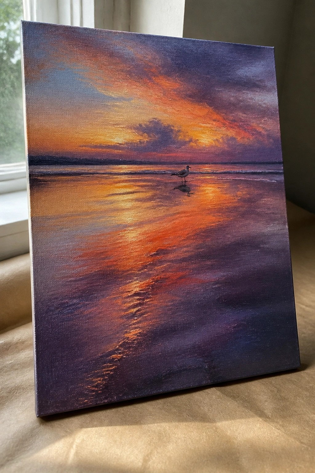Painting of lone seagull in reflective water under vibrant orange-purple sunset sky.