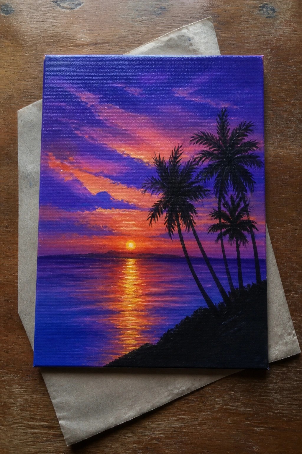 Vibrant purple-orange sunset over ocean with silhouetted palm trees on canvas.
