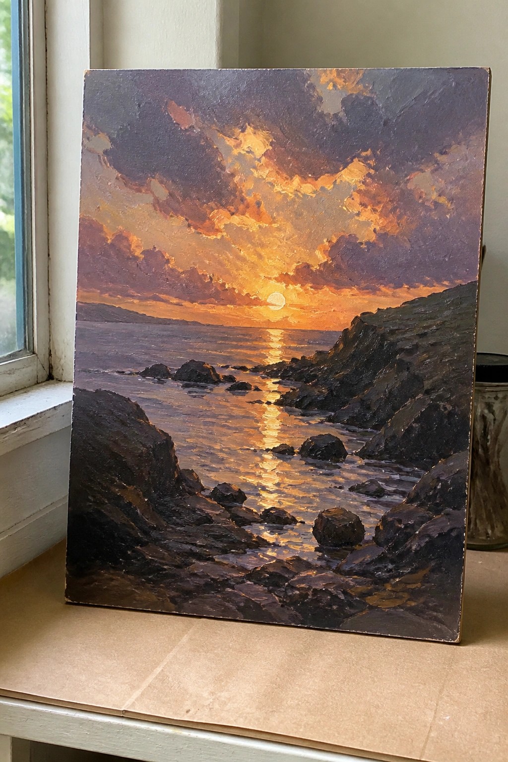 Oil painting of a sunset over the ocean with rocky foreground and bright reflection on the water.