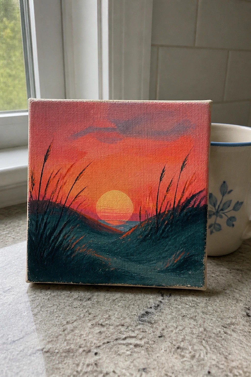 Small painting of sunset with orange sun over teal dunes beside ceramic mug