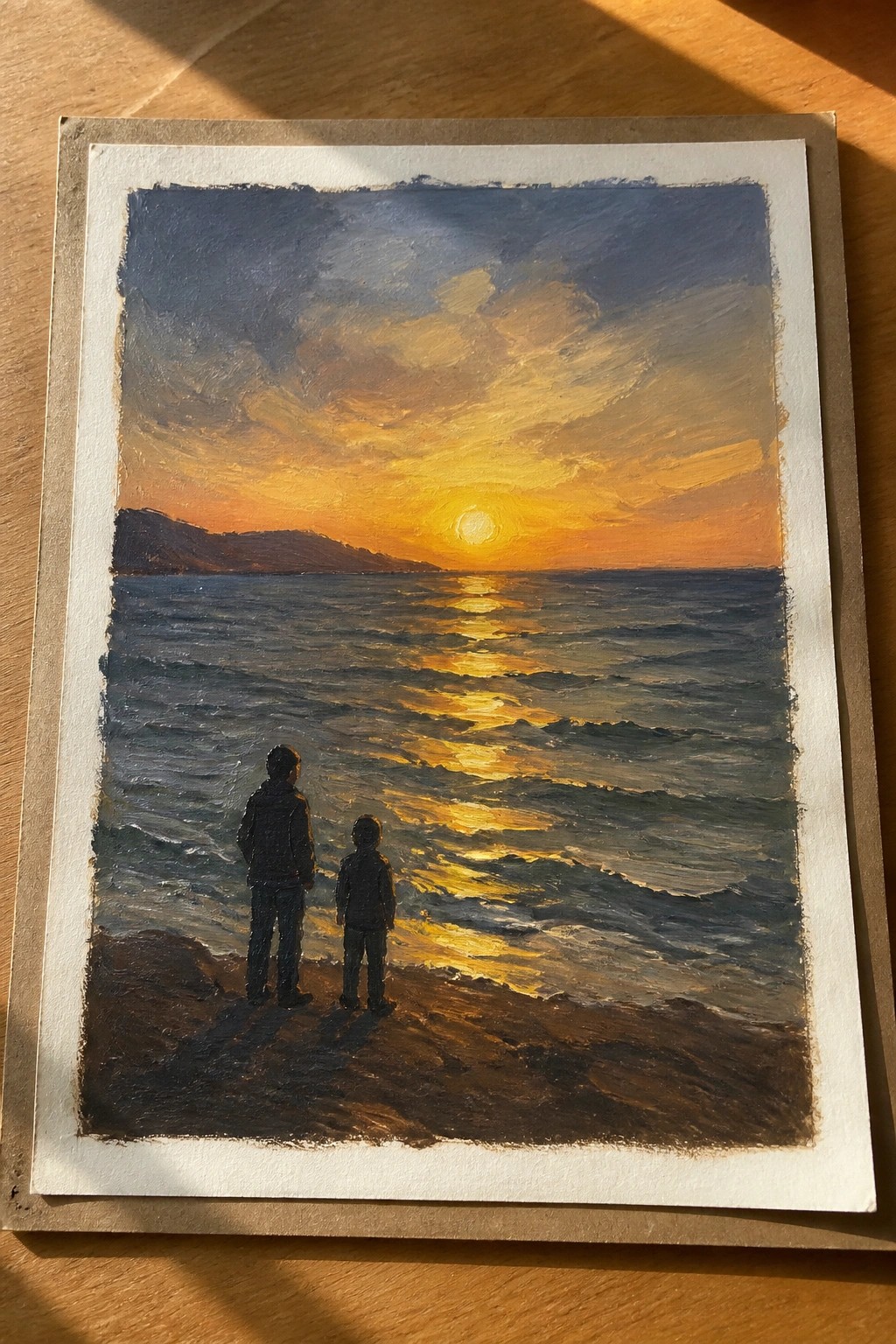 Textured oil painting of two figures in jackets gazing at golden sunset over blue ocean.