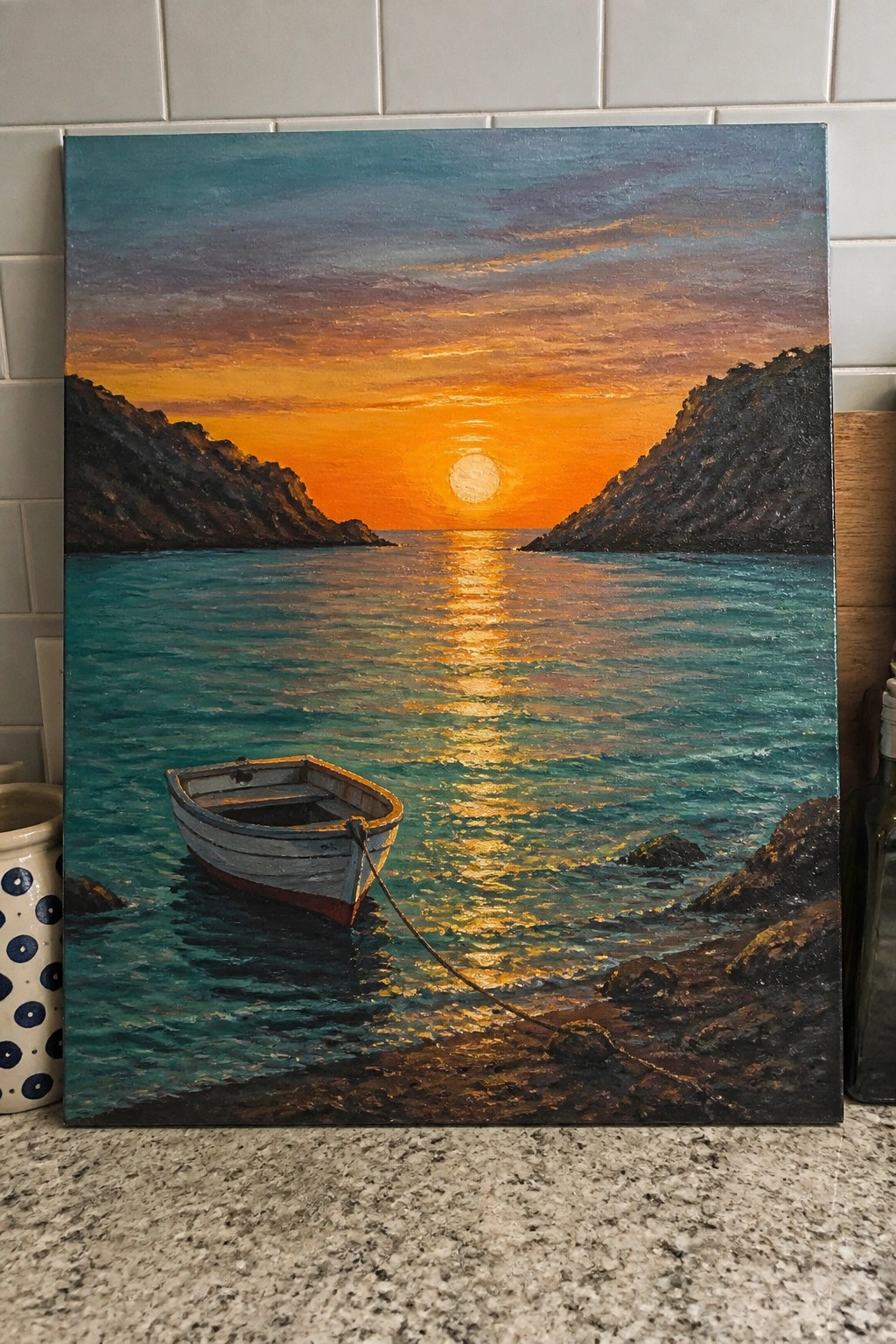 A realistic oil painting of a sunset over turquoise water with a small white boat tied near a rocky shore and cliffs on either side.