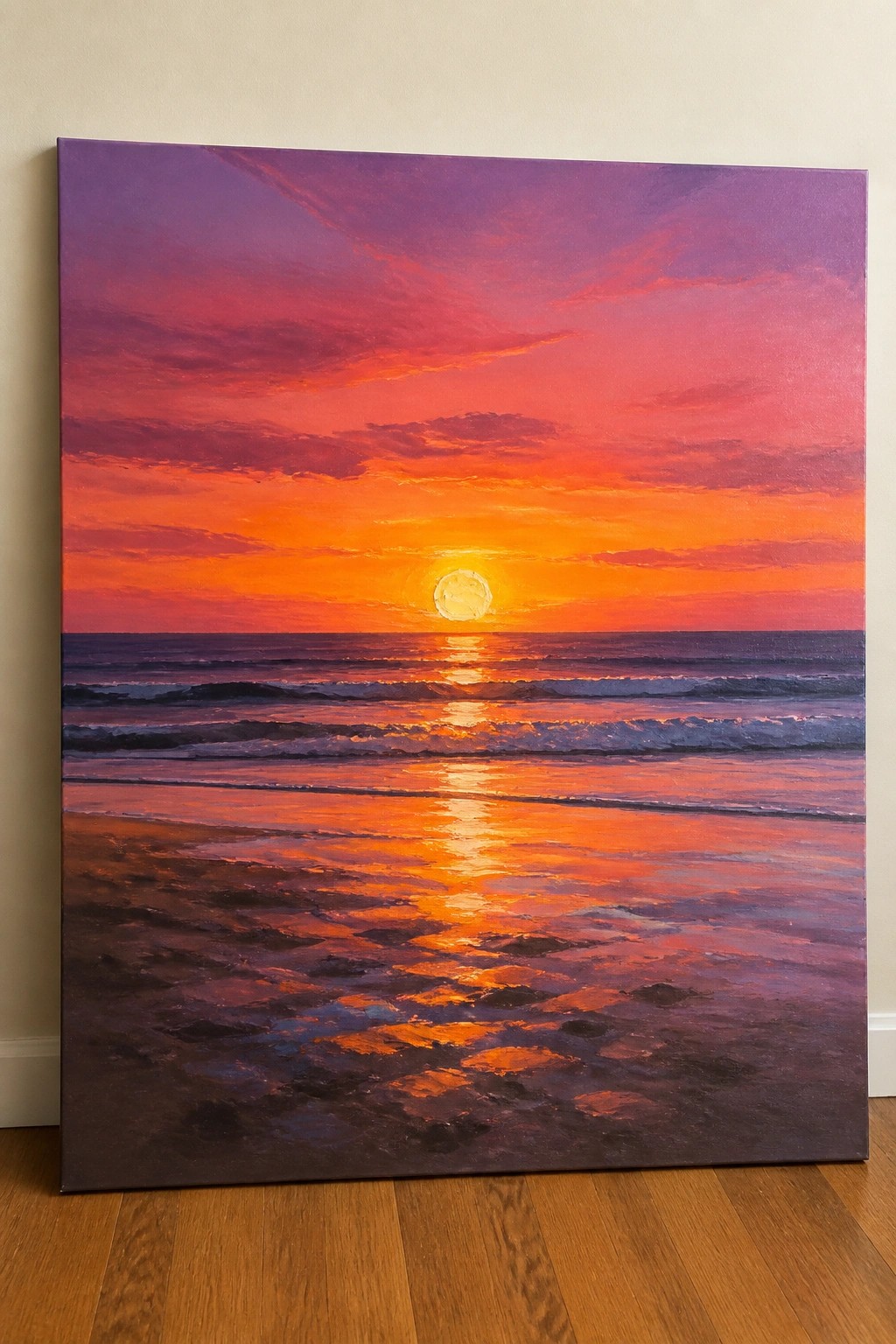 Vibrant sunset painting with purple-orange sky, glowing sun, and reflective ocean waves on wet sand.