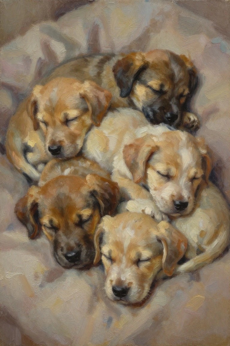 Several brown and white puppies sleeping nestled together on soft fabric.