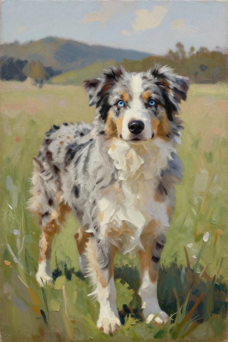 Blue-eyed Australian Shepherd stands in sunlit grassy field, oil painting style