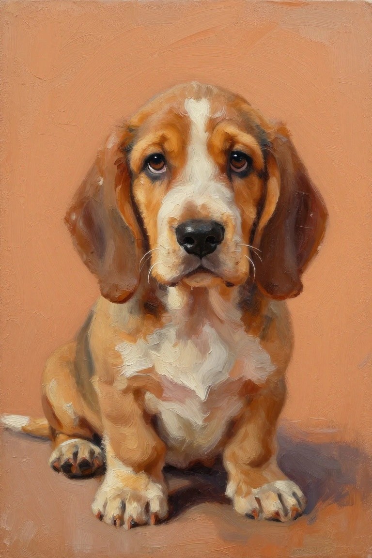 Beagle puppy with floppy ears and big eyes sits on peach background in oil painting