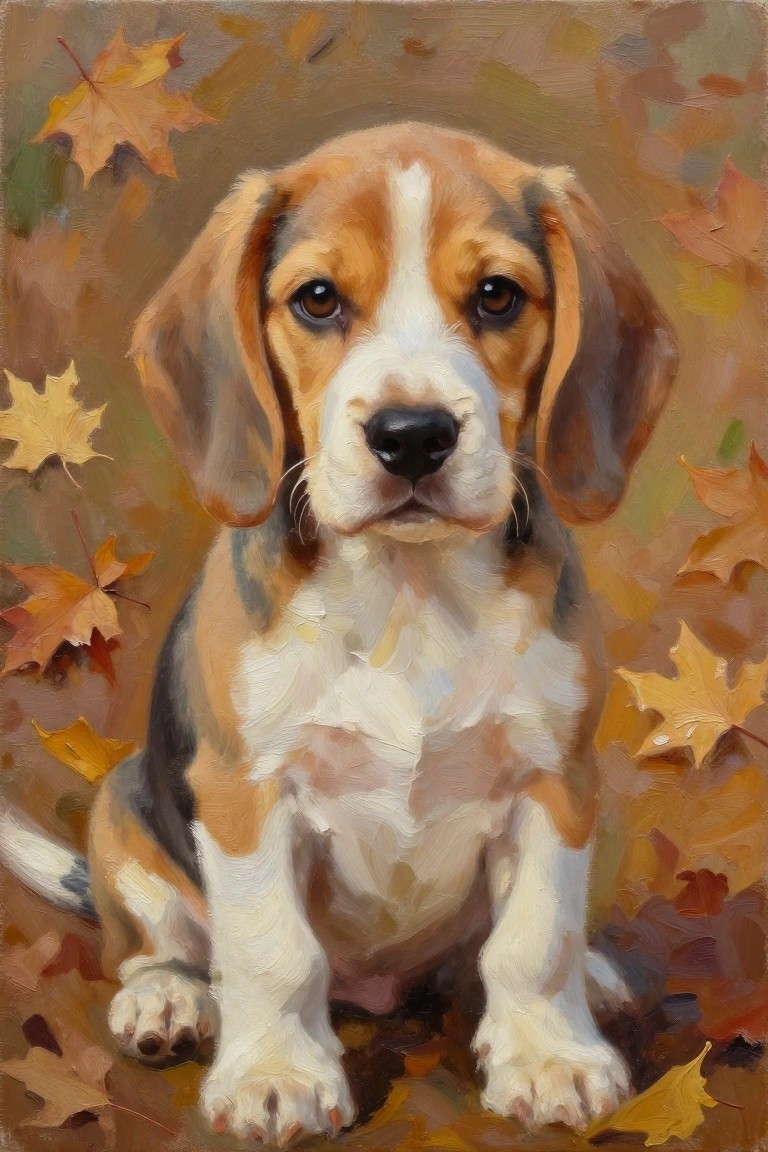 Beagle puppy sitting amid fallen orange autumn leaves in oil painting style