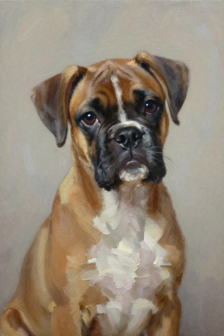 Oil painting of a boxer dog with brown fur, white chest, and direct gaze.