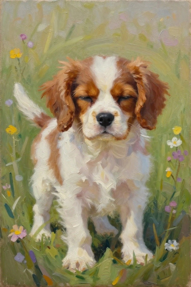 A realistic oil painting of a brown and white Cavalier King Charles Spaniel puppy sitting in a grassy field with colorful wildflowers around it.