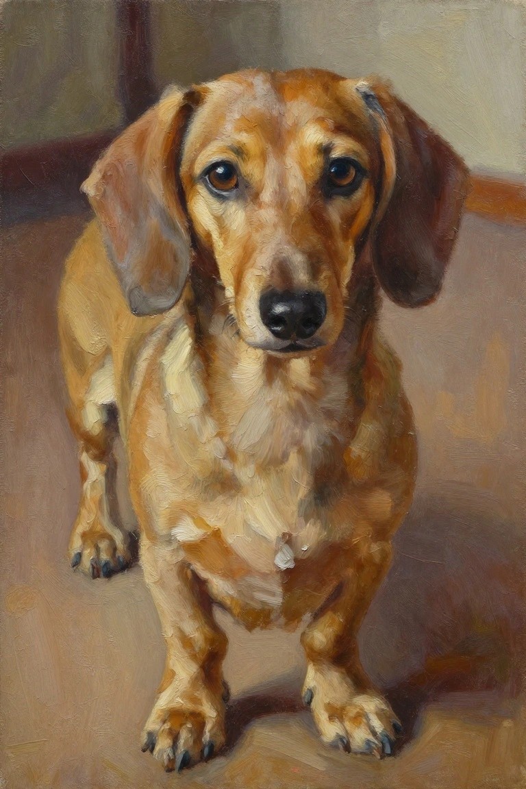 Oil painting of attentive brown dachshund with floppy ears sitting forward.