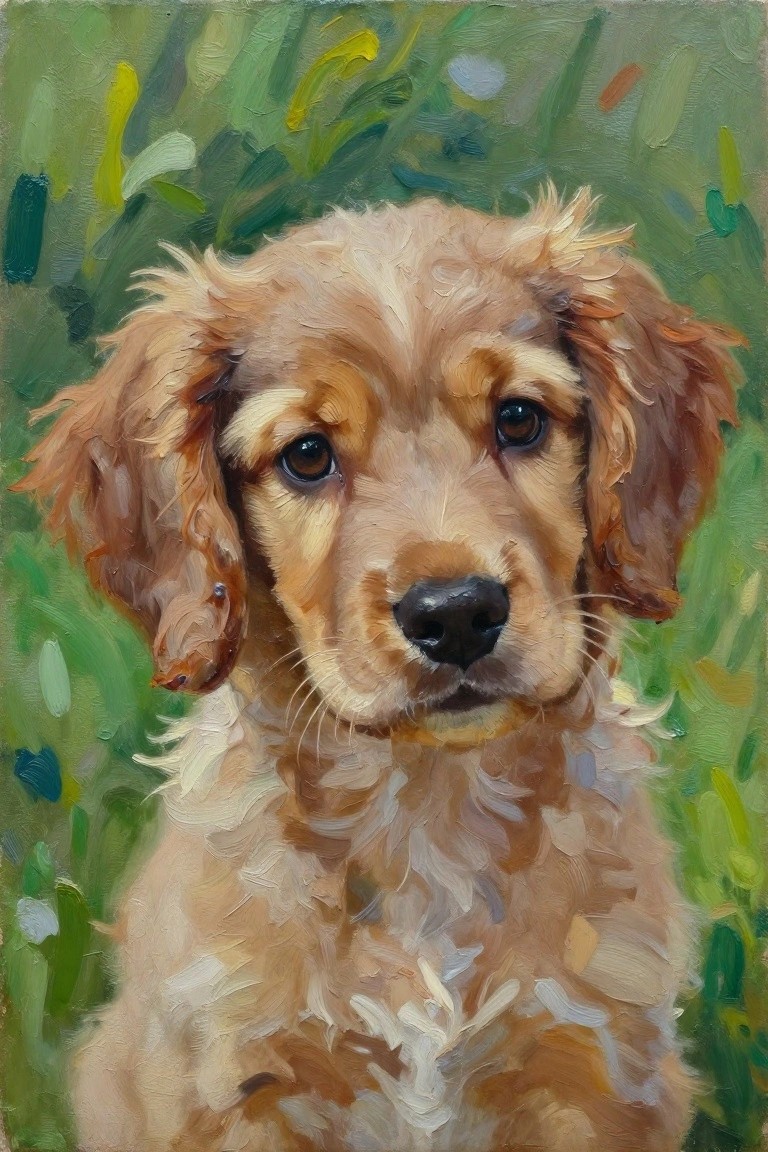 Oil painting of a golden retriever puppy with floppy ears against green foliage.