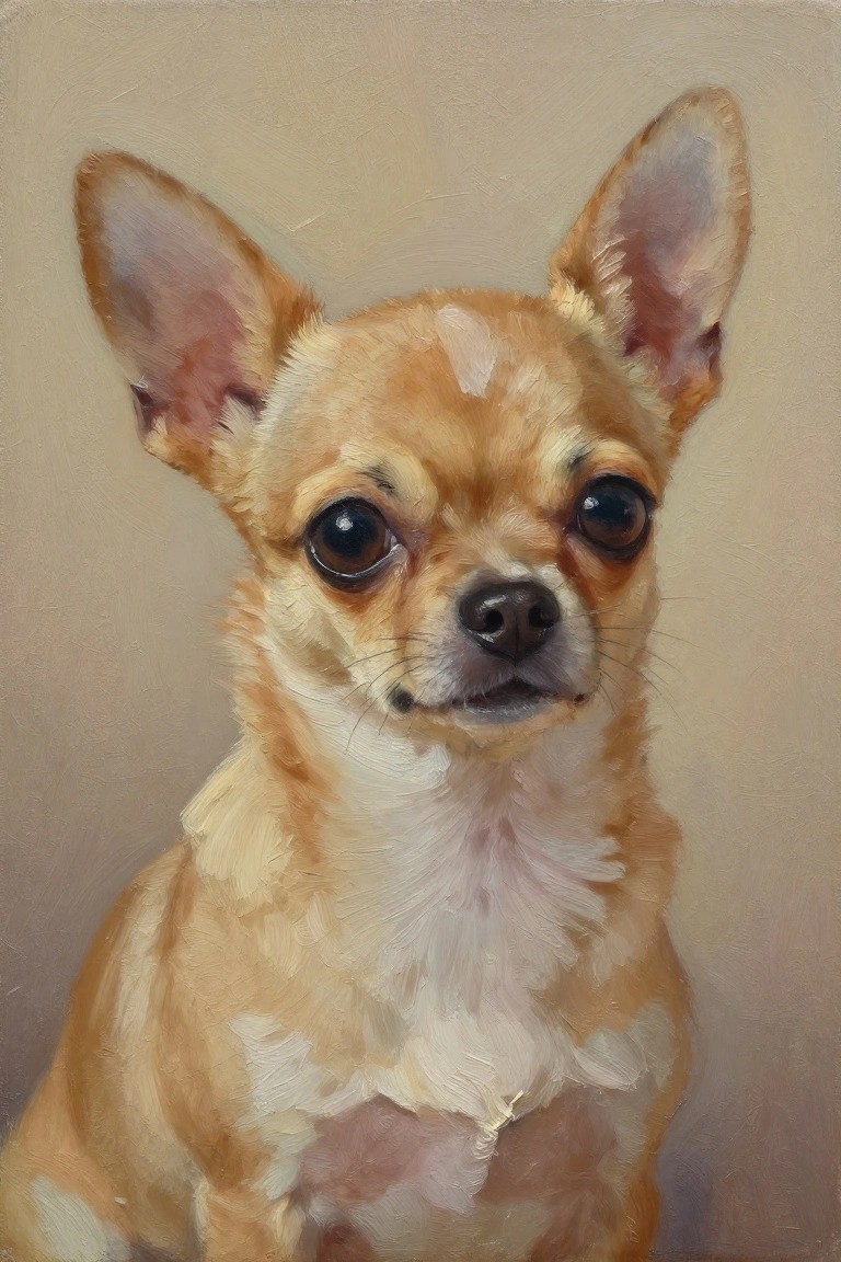 Tan Chihuahua with large ears, dark eyes, and white chest in oil painting style