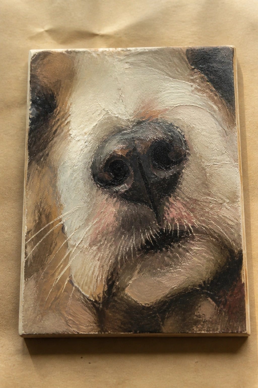 Textured impasto painting of a dog's dark nose, whiskers, and snout in earthy tones.