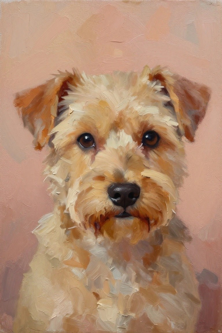 Textured oil painting of a fluffy tan terrier with soulful eyes on pink background.
