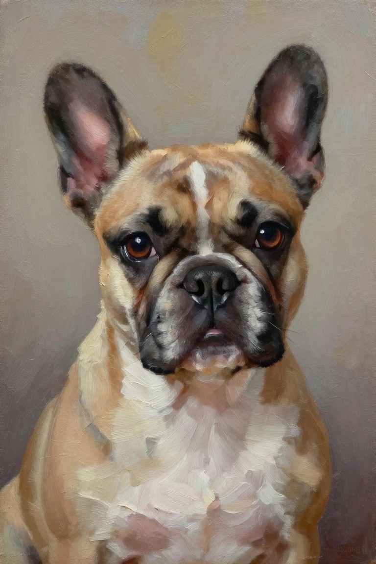 Oil painting of a tan French bulldog with perked ears and brown eyes.
