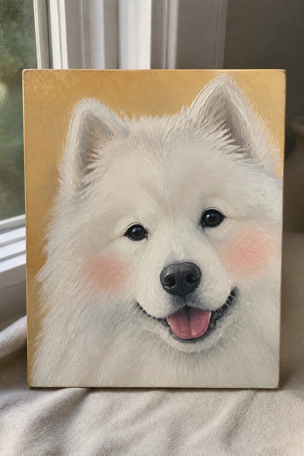 Fluffy white dog painting with pink cheeks and tongue out on gold canvas