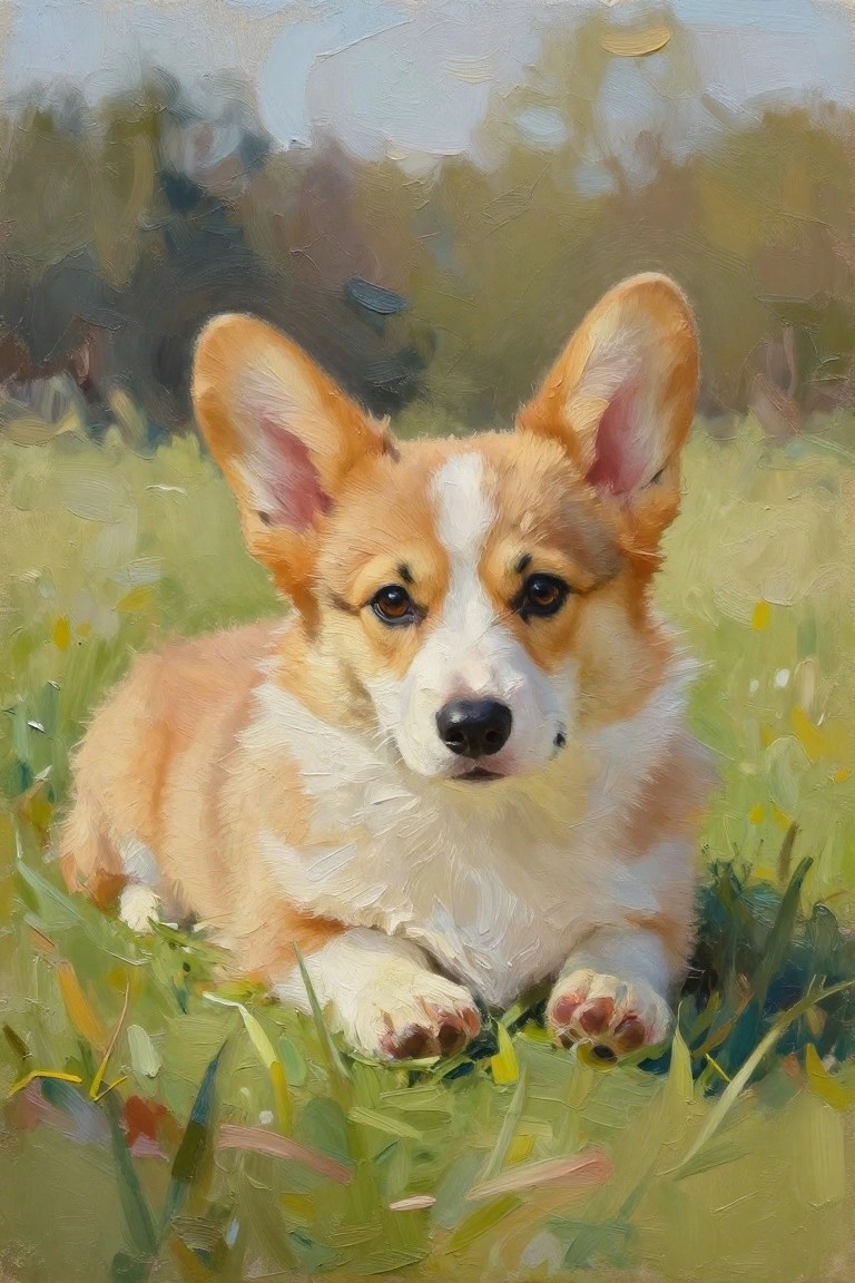 A realistic oil painting of a corgi puppy lying in green grass looking toward the viewer with ears raised.