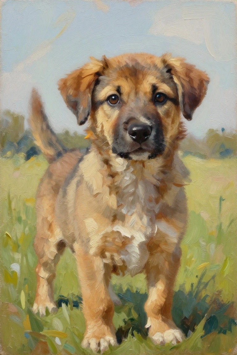 Playful brown and white puppy standing in a sunny green meadow, oil painting.
