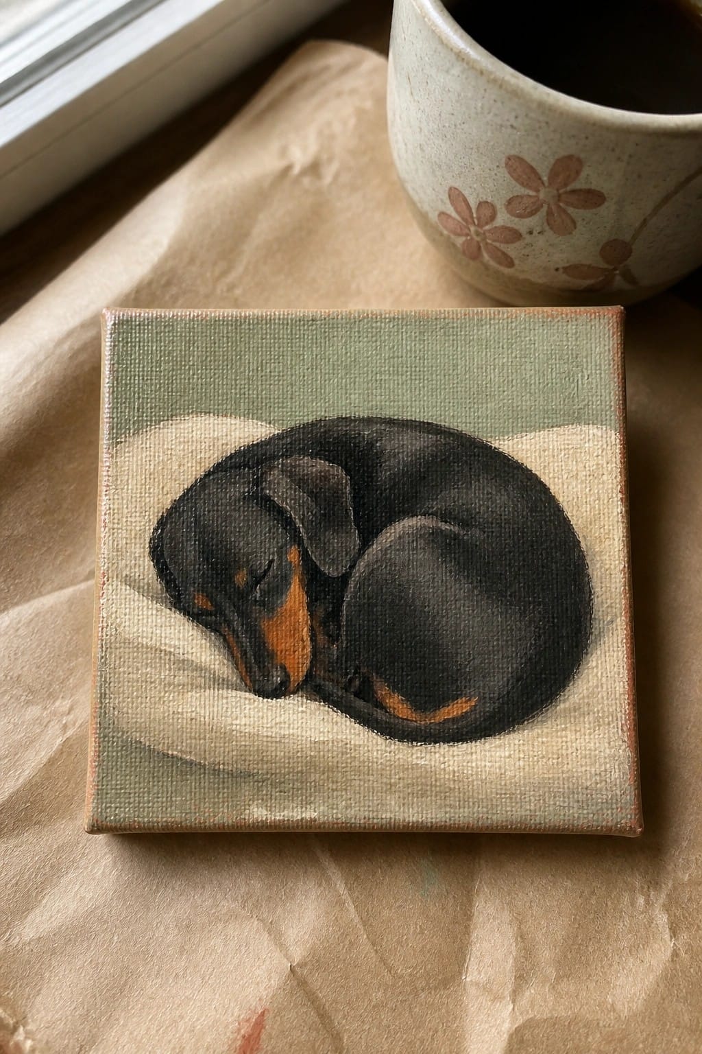 A small square oil painting of a black and tan dog curled up asleep on a light fabric surface against a green background, placed on brown paper next to a ceramic mug.