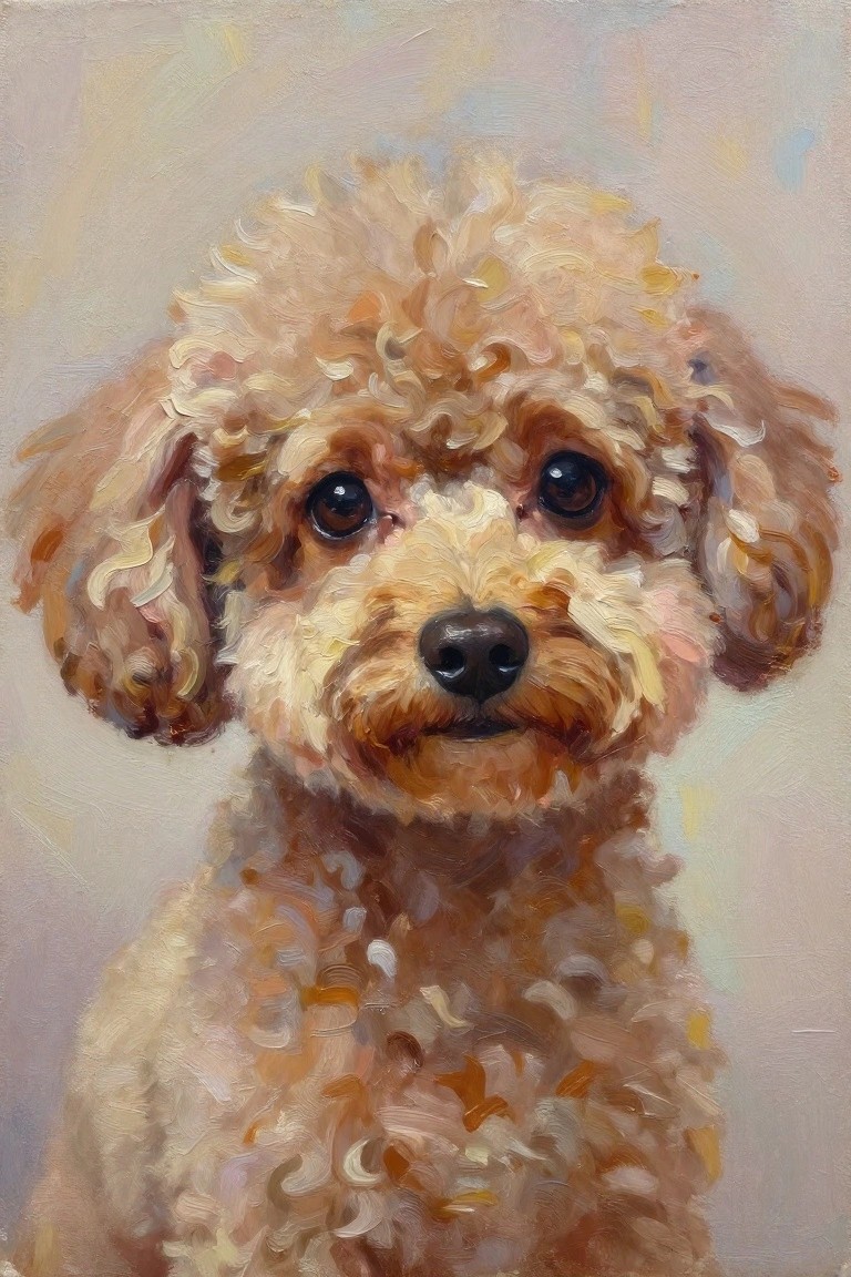 Fluffy light-brown poodle with curly fur, dark eyes, and black nose in oil painting