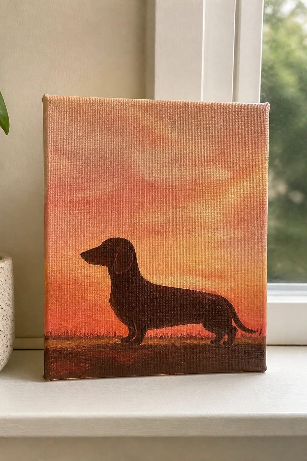 Painting of dachshund silhouette against orange sunset on a windowsill.