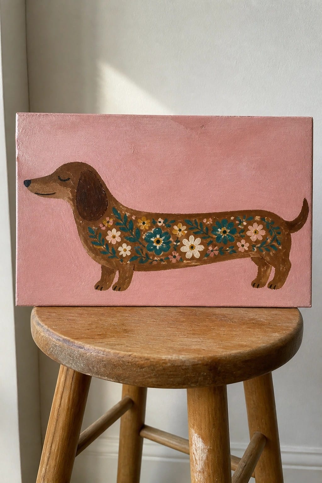 Brown dachshund with colorful flowers on pink canvas atop wooden stool
