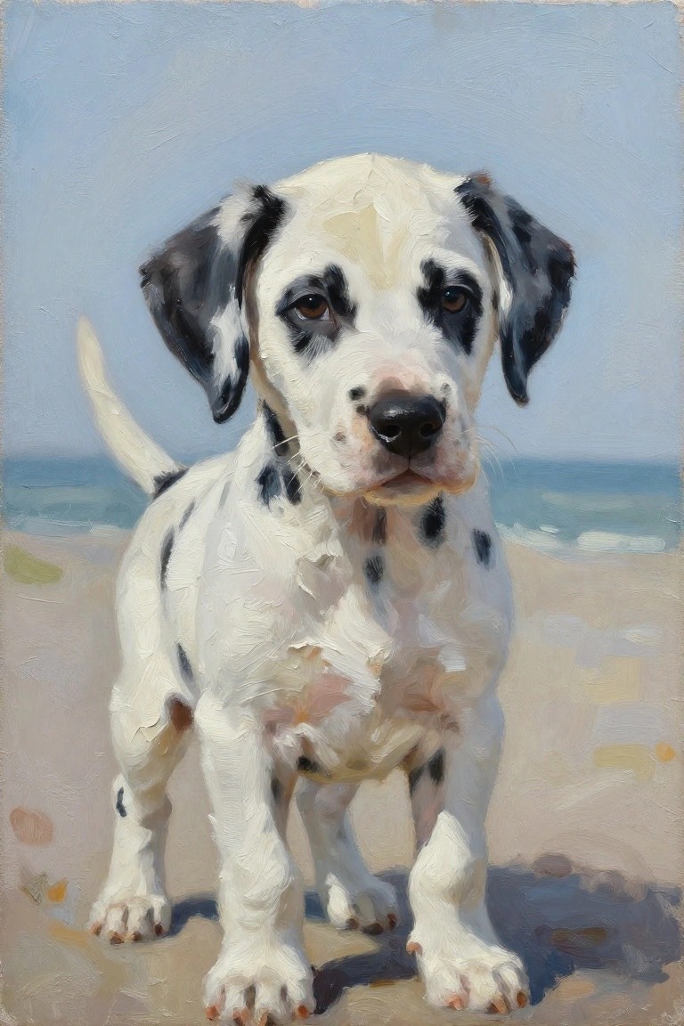 An oil painting of a white Dalmatian puppy with black spots standing on a sandy beach with the ocean and sky in the background.
